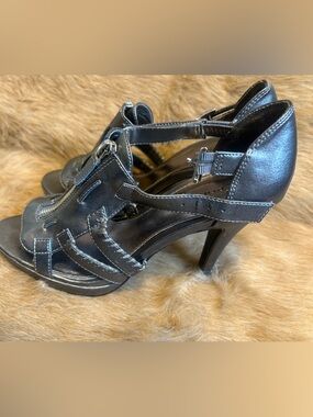 Call It Spring Metallic Black Strappy Heels